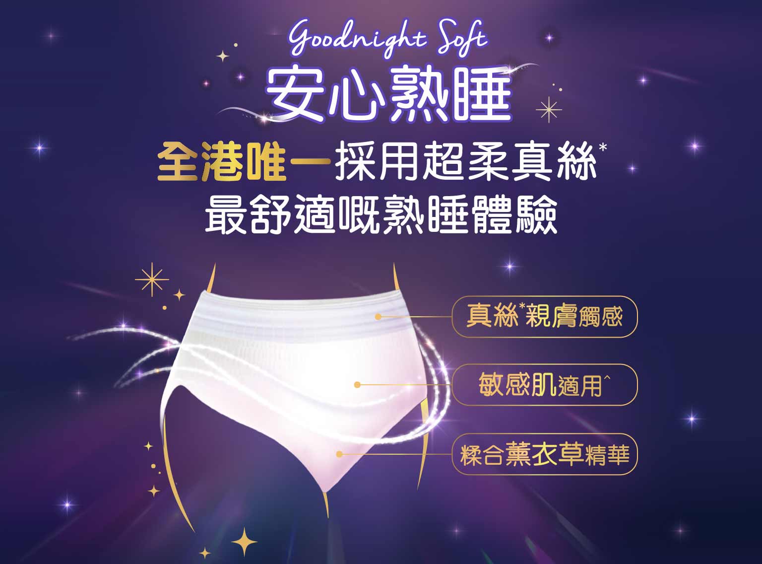 Kotex高潔絲Goodnight Soft安心熟睡褲, 加入真絲、敏感肌適用、超綿高彈性腰圍、最強防漏吸收芯