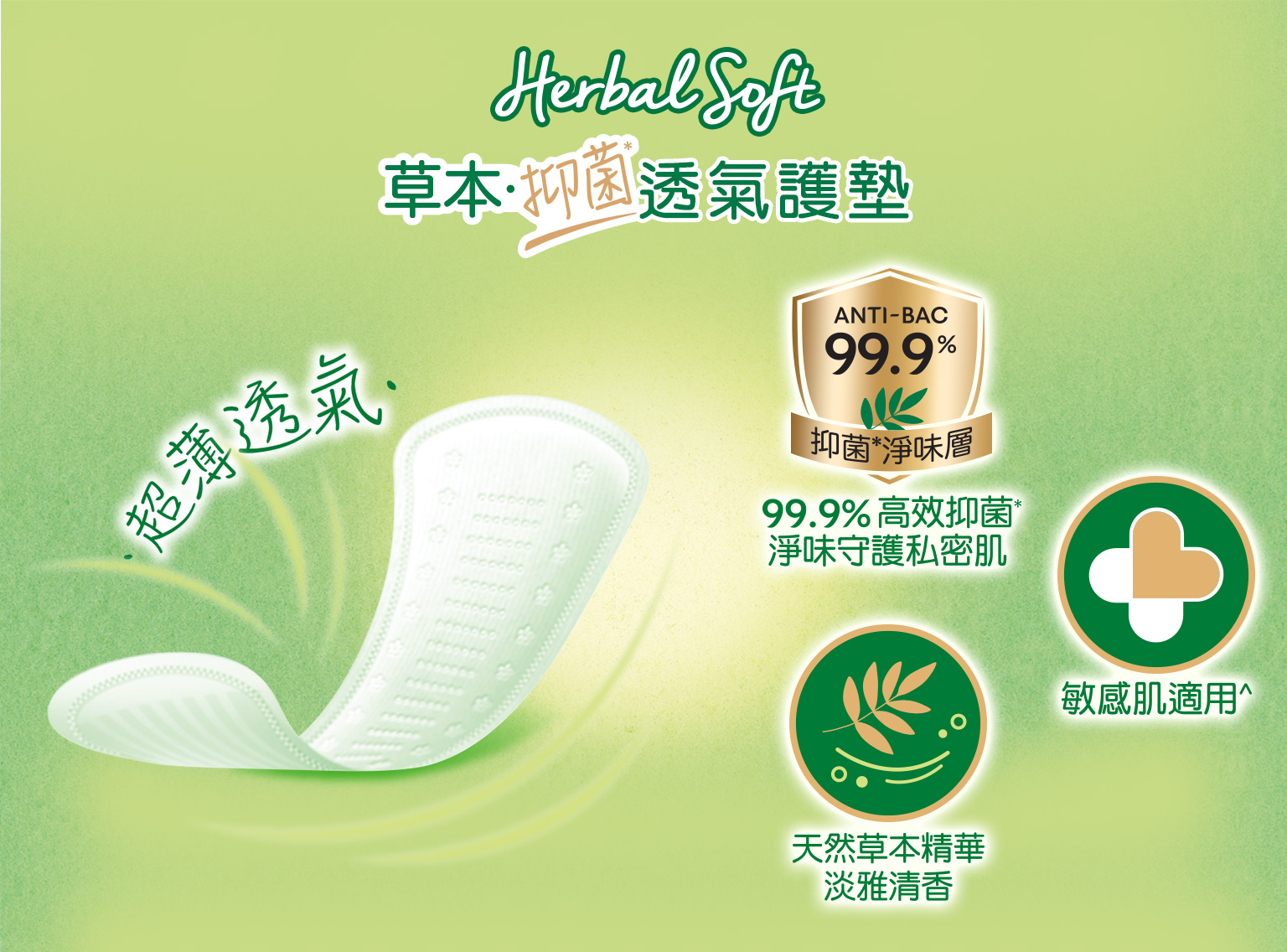 Kotex 草本抑菌極緻綿柔Herbal Soft透氣護墊：超薄透氣、99.9%高效抑菌、敏感肌適用、天然草本精華